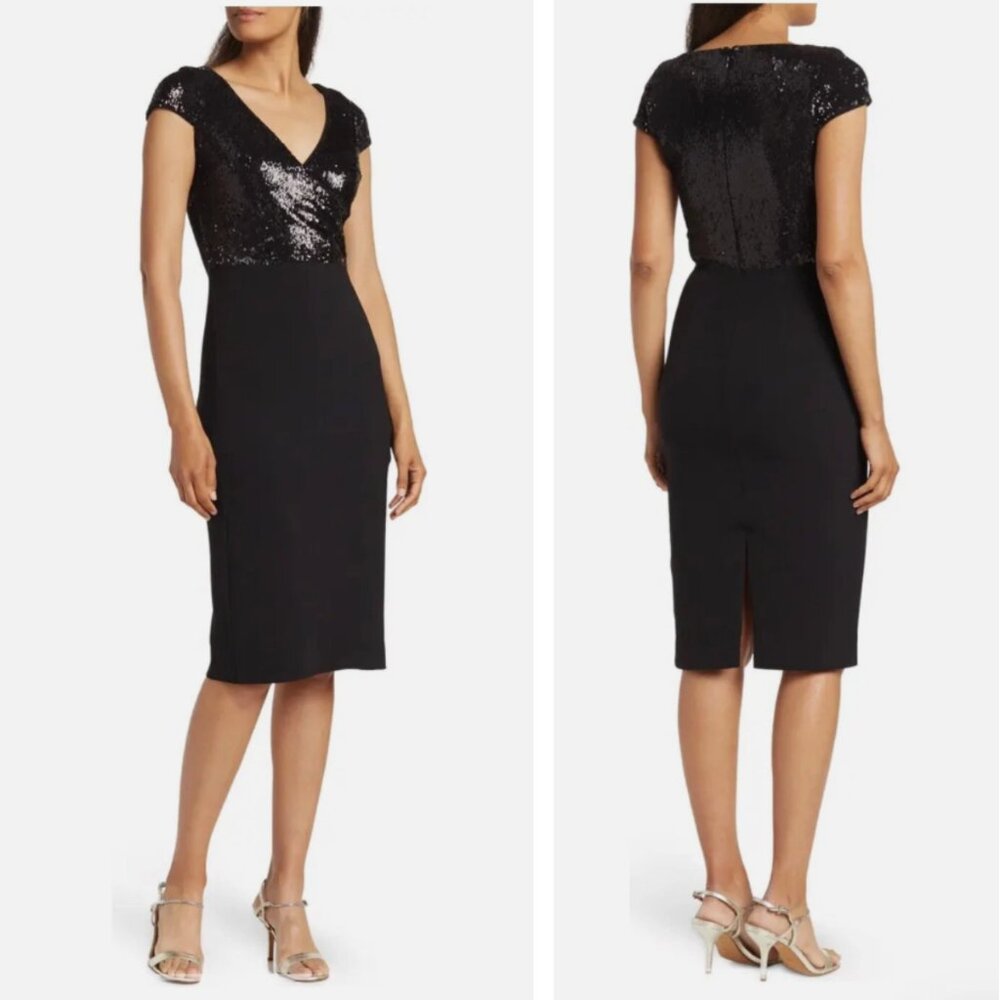 NWT Dress the Population Sequin Surplice Cap Sleeve Sheath Dress Black